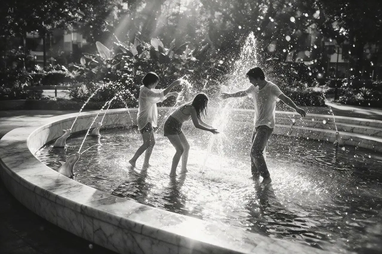 Seedream 5.0 Pro black-and-white documentary photograph of children playing in a park fountain