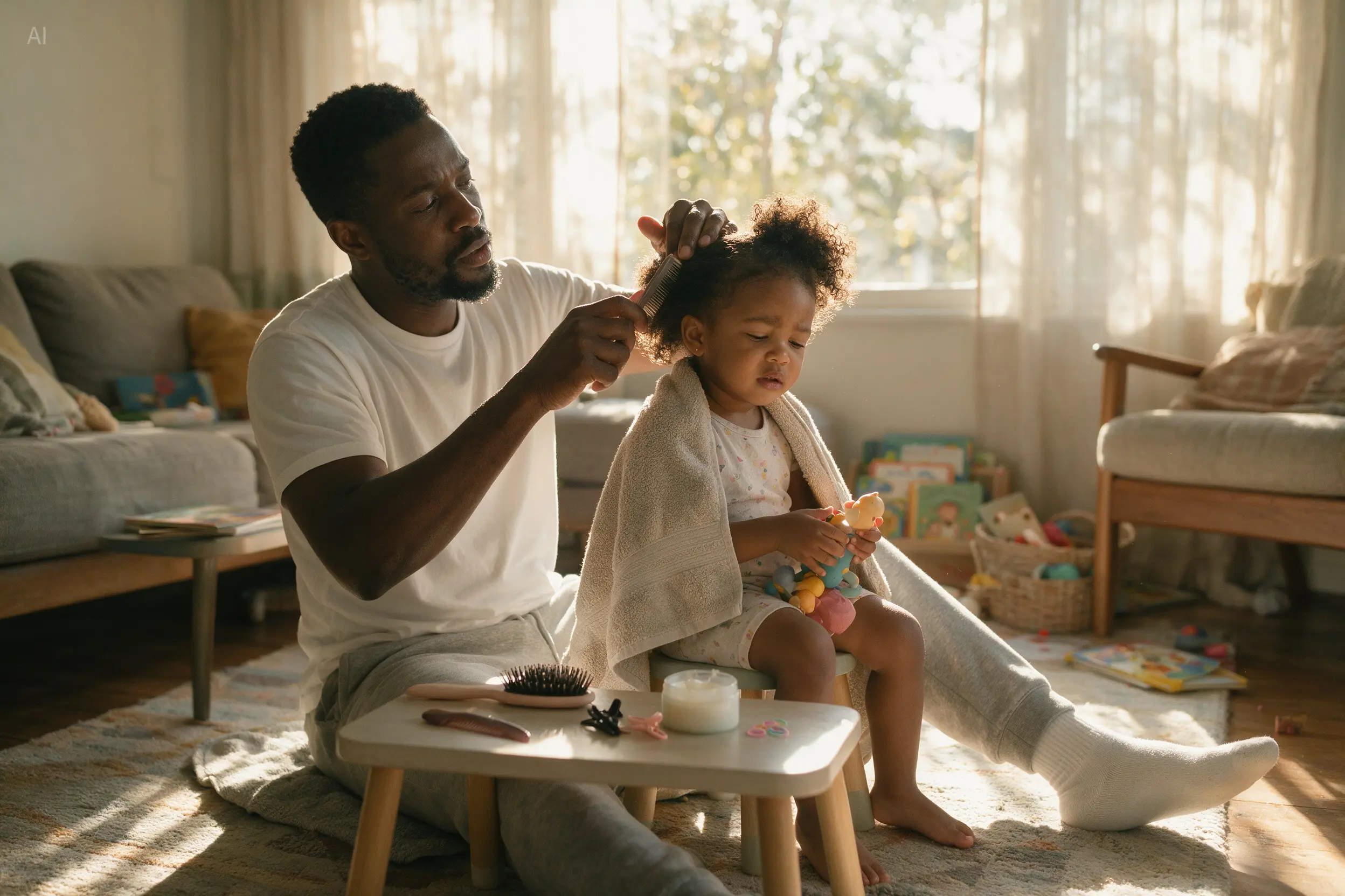 Seedream 5.0 Pro natural family photograph of a father combing his young daughter's hair in warm window light