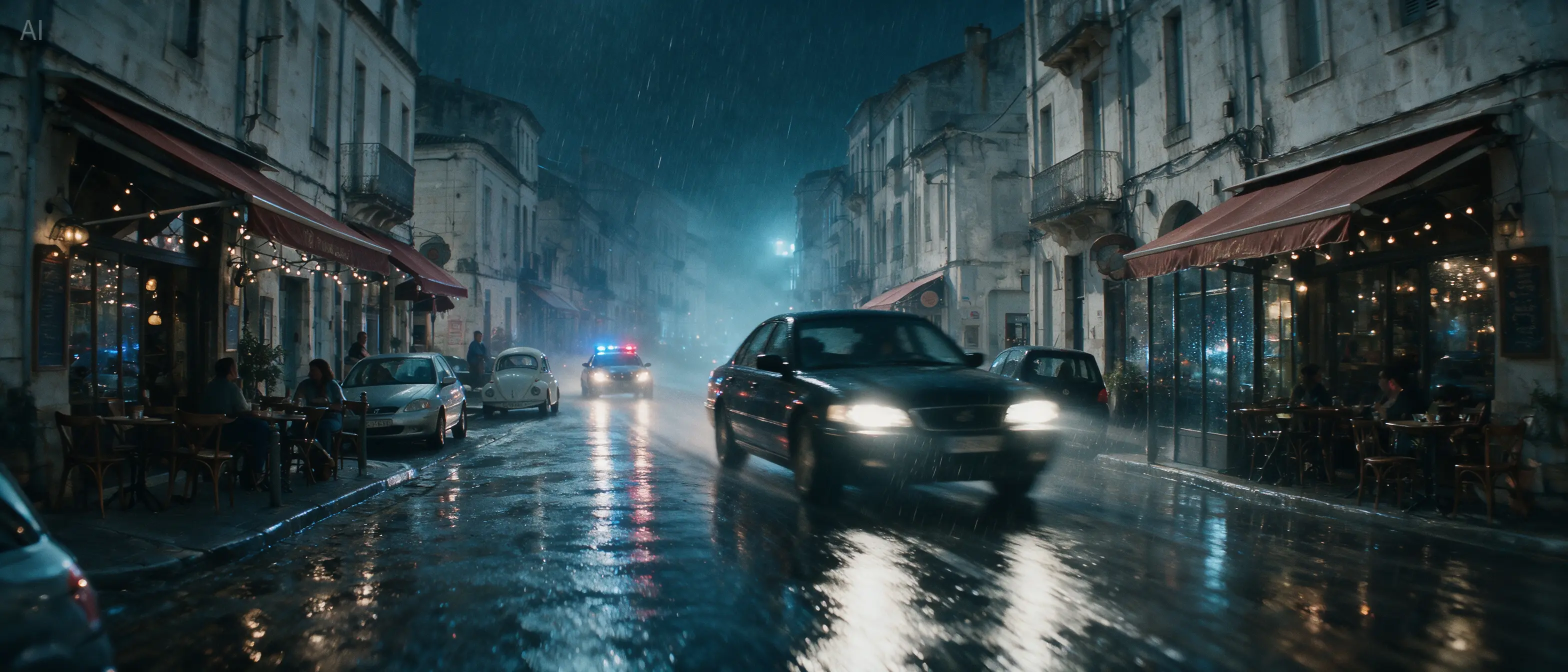 Seedream 5.0 Pro cinematic car chase on a rain-soaked European street at night