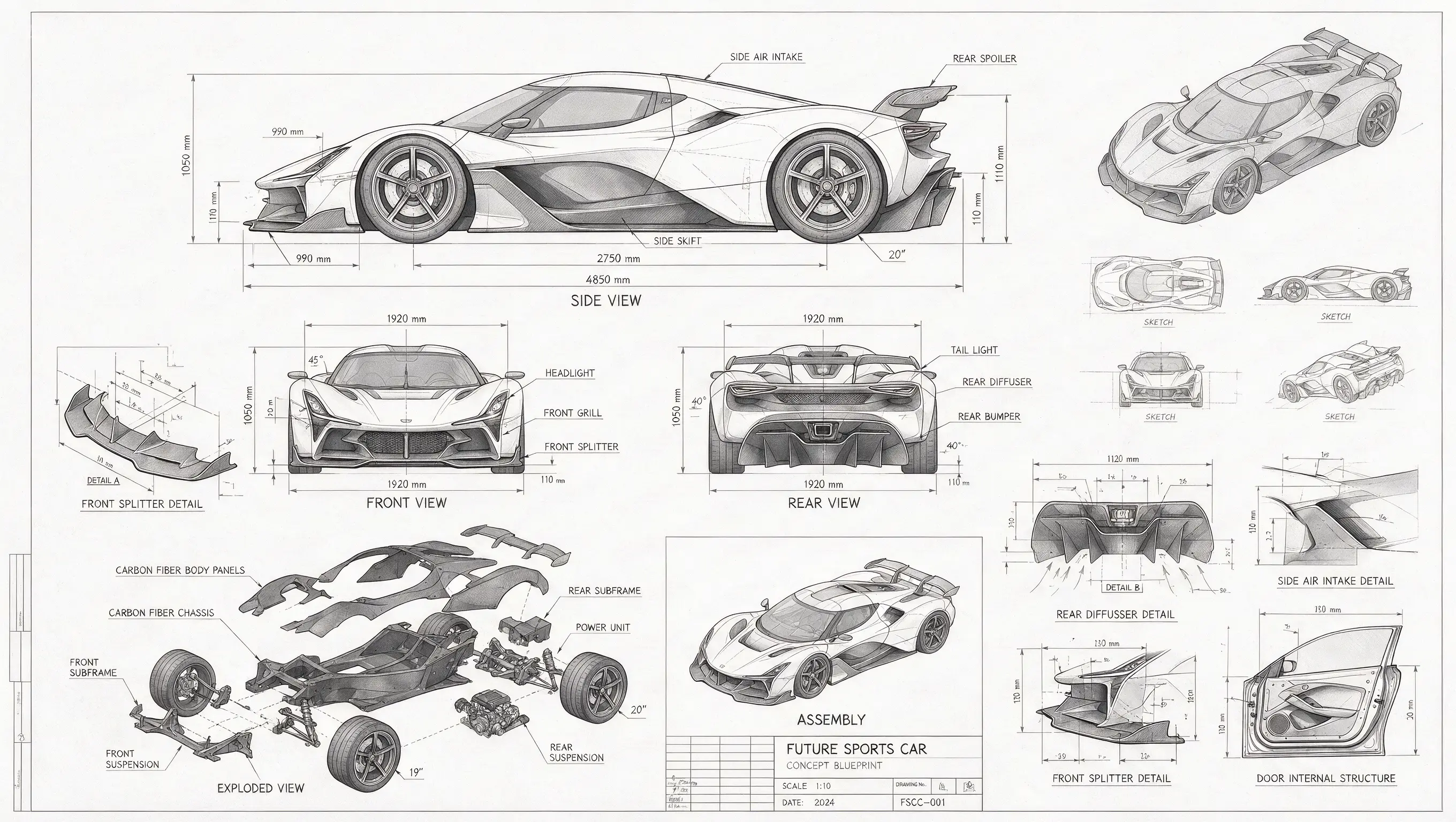 Seedream 5.0 Pro technical blueprint of a futuristic sports car with measured views and exploded components