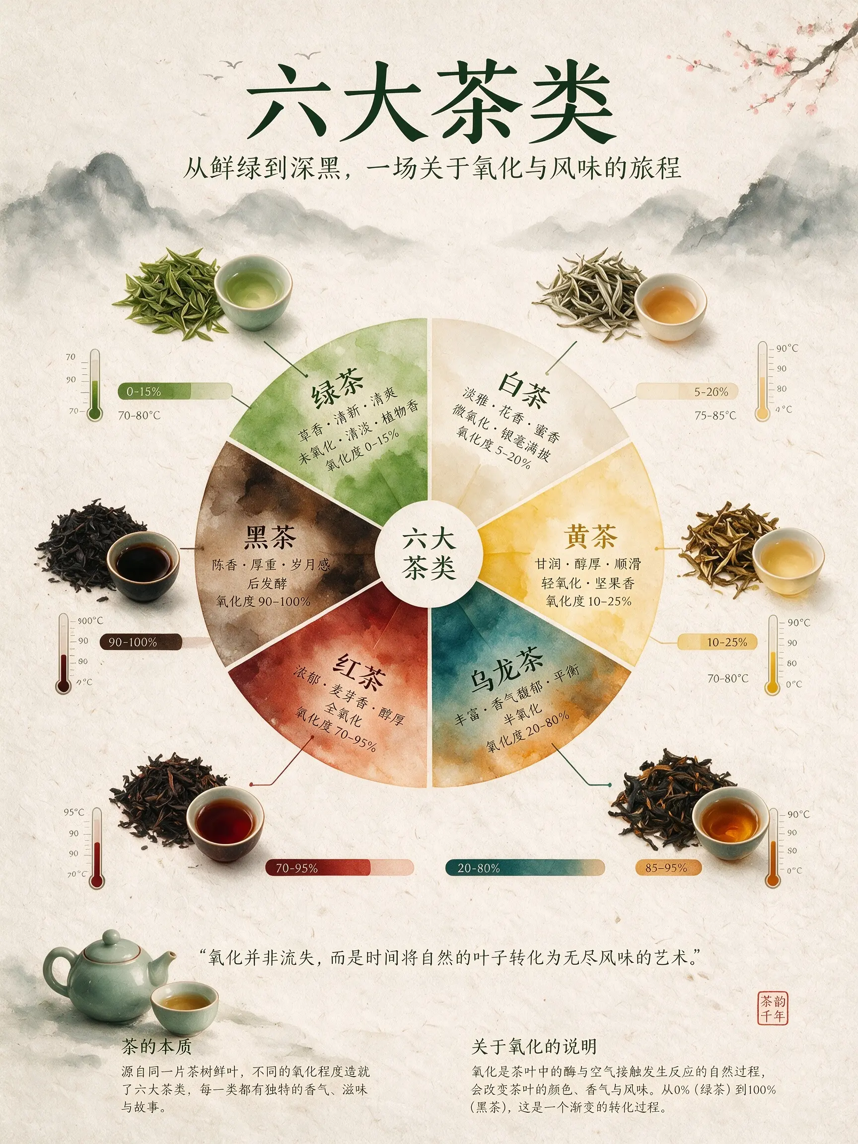 Seedream 5.0 Pro infographic explaining six types of tea
