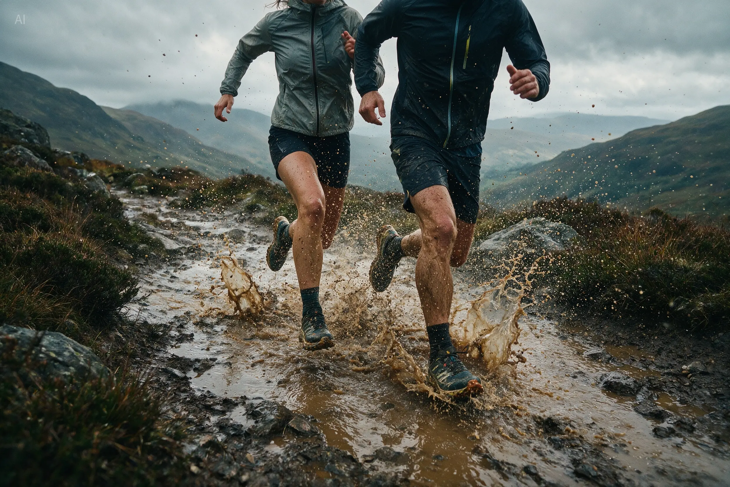 Seedream 5.0 Pro commercial photograph of two trail runners sprinting through mud in the mountains
